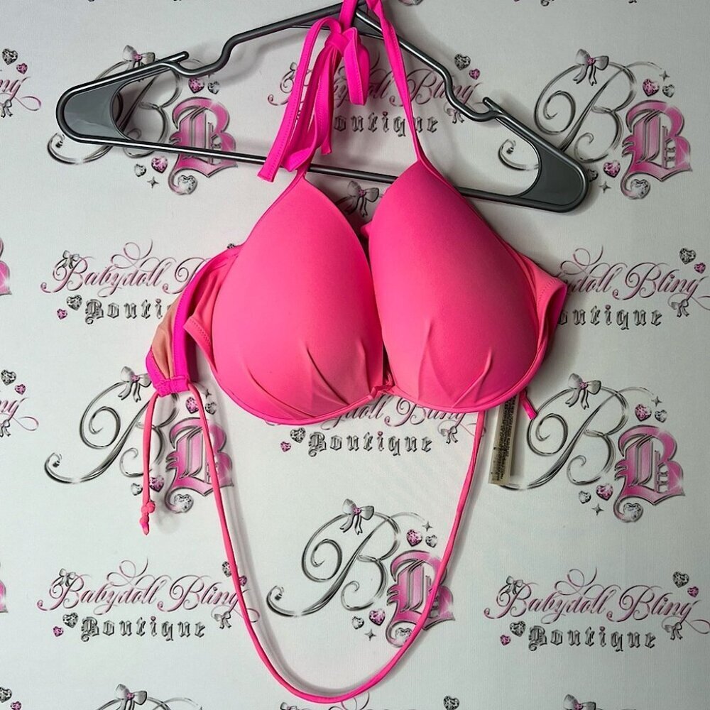 Victoria's Secret Hot Pink Bikini Top 34ddd strappy tie up neon